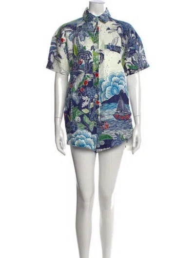 Pre-owned Farm Rio Linen Floral Print Romper In Blue