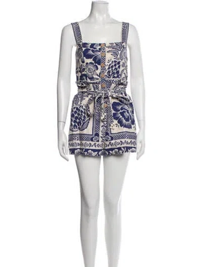 Pre-owned Farm Rio Linen Floral Print Romper In Blue/neutrals