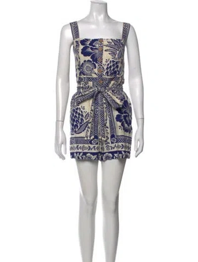 Pre-owned Farm Rio Linen Floral Print Romper In Blue/neutrals
