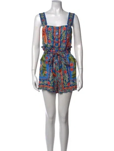 Pre-owned Farm Rio Linen Floral Print Romper In Blue/neutrals
