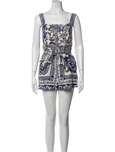 Pre-owned Farm Rio Linen Floral Print Romper In Blue/neutrals