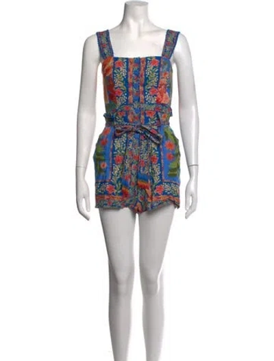 Pre-owned Farm Rio Linen Floral Print Romper In Blue/neutrals