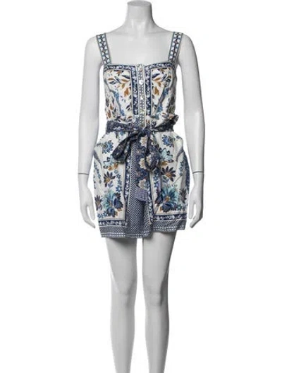 Pre-owned Farm Rio Linen Floral Print Romper In Blue/neutrals