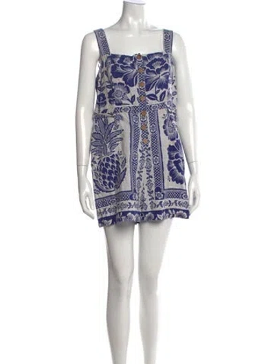 Pre-owned Farm Rio Linen Floral Print Romper In Blue/neutrals