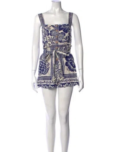 Pre-owned Farm Rio Linen Floral Print Romper In Blue/neutrals
