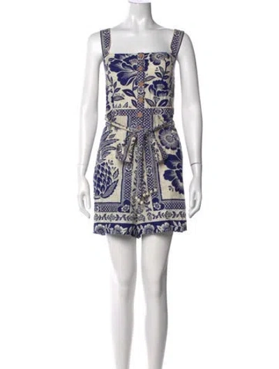 Pre-owned Farm Rio Linen Floral Print Romper In Blue/neutrals