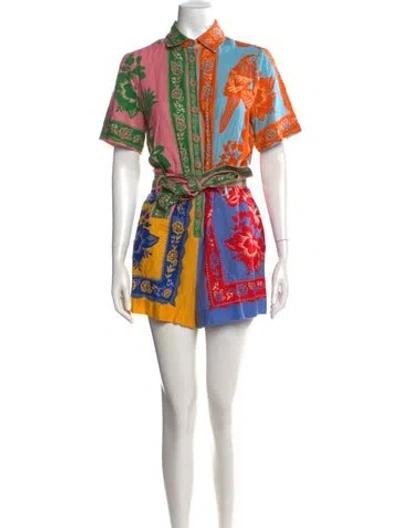 Pre-owned Farm Rio Linen Floral Print Romper In Blue/pink