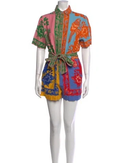 Pre-owned Farm Rio Linen Floral Print Romper In Blue/pink