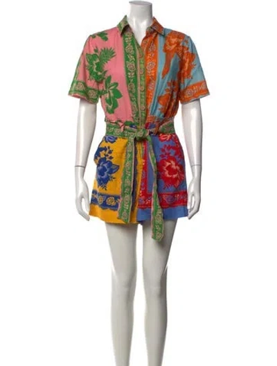 Pre-owned Farm Rio Linen Floral Print Romper In Blue/pink