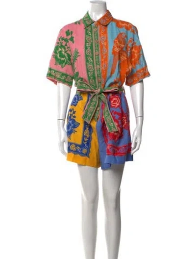 Pre-owned Farm Rio Linen Floral Print Romper In Blue/pink