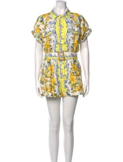 Pre-owned Farm Rio Linen Floral Print Romper In Green