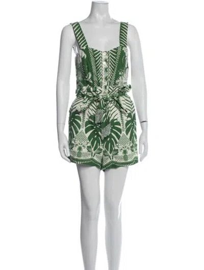 Pre-owned Farm Rio Linen Floral Print Romper In Green