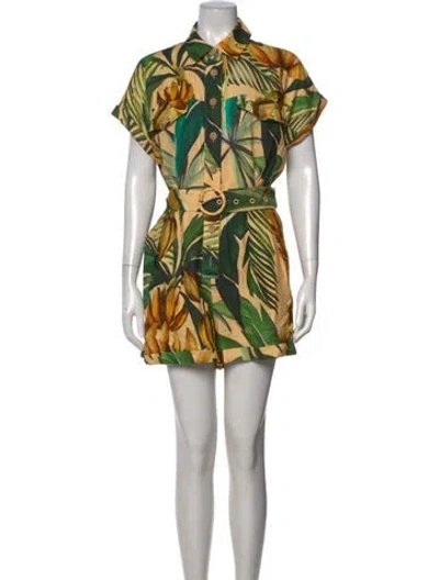 Pre-owned Farm Rio Linen Floral Print Romper In Green