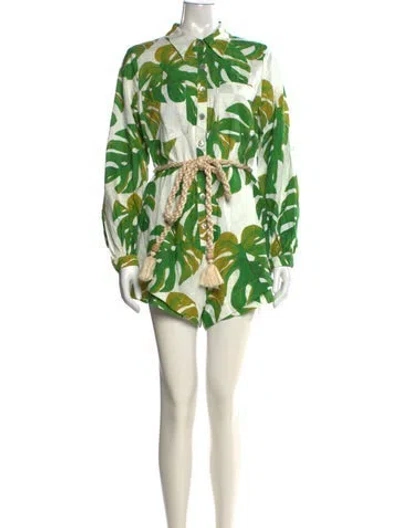 Pre-owned Farm Rio Linen Floral Print Romper In Green