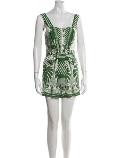 Pre-owned Farm Rio Linen Floral Print Romper In Green