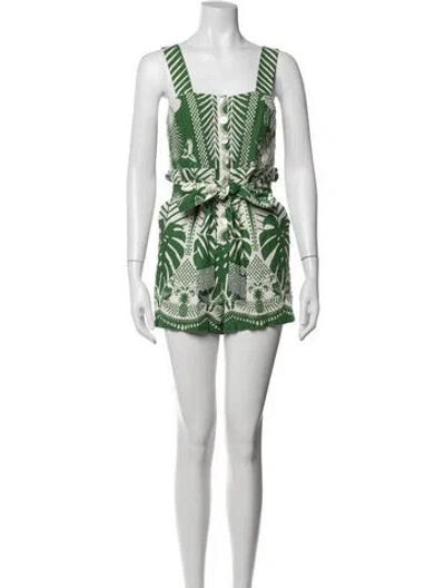 Pre-owned Farm Rio Linen Floral Print Romper In Green