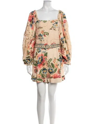 Pre-owned Farm Rio Linen Floral Print Romper In Green