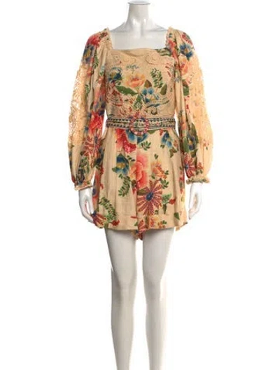 Pre-owned Farm Rio Linen Floral Print Romper In Green