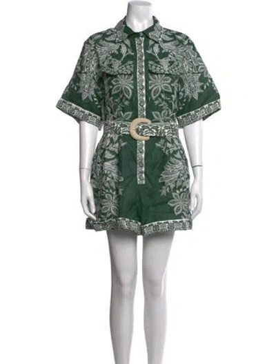 Pre-owned Farm Rio Linen Floral Print Romper In Green