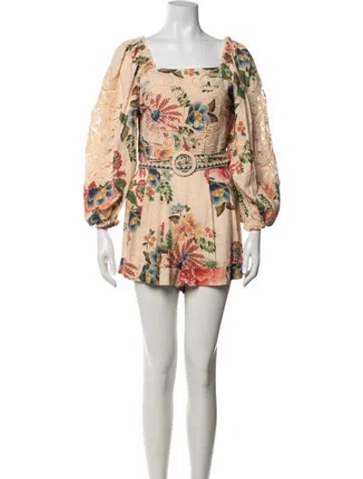 Pre-owned Farm Rio Linen Floral Print Romper In Green