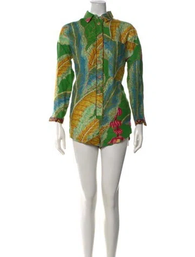 Pre-owned Farm Rio Linen Floral Print Romper In Green