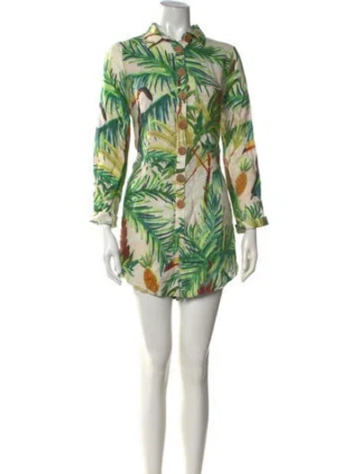 Pre-owned Farm Rio Linen Floral Print Romper In Green