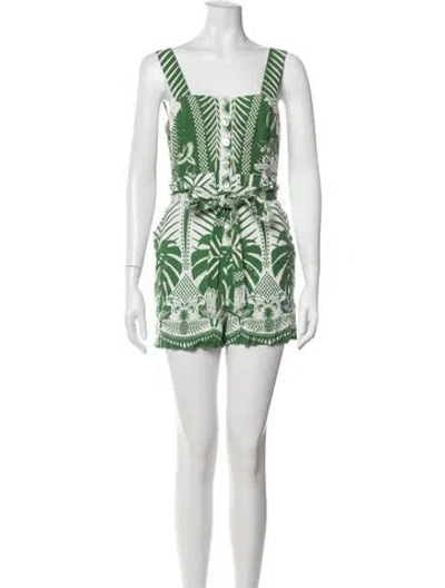 Pre-owned Farm Rio Linen Floral Print Romper In Green