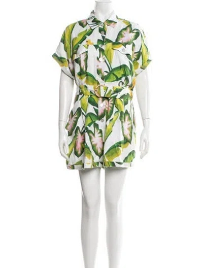 Pre-owned Farm Rio Linen Floral Print Romper In Green