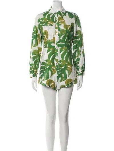Pre-owned Farm Rio Linen Floral Print Romper In Green