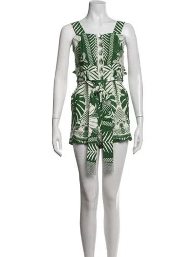 Pre-owned Farm Rio Linen Floral Print Romper In Green