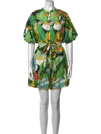 Pre-owned Farm Rio Linen Floral Print Romper In Green