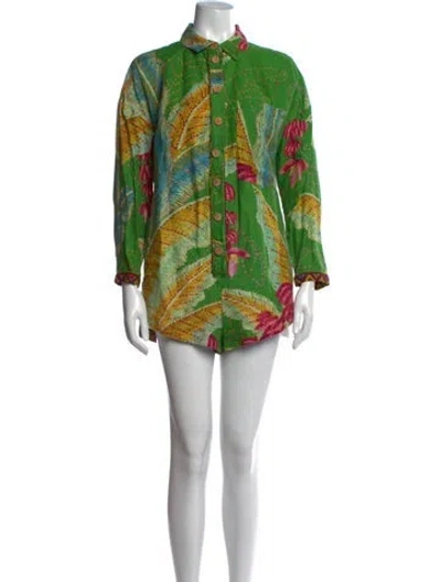 Pre-owned Farm Rio Linen Floral Print Romper In Green