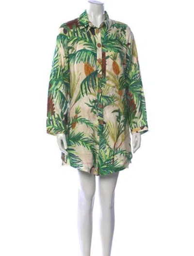 Pre-owned Farm Rio Linen Floral Print Romper In Green/neutrals