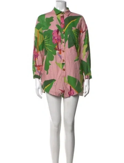 Pre-owned Farm Rio Linen Floral Print Romper In Green/pink
