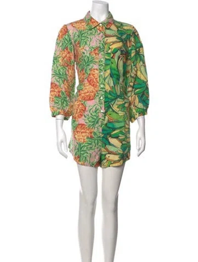 Pre-owned Farm Rio Linen Floral Print Romper In Green/yellow