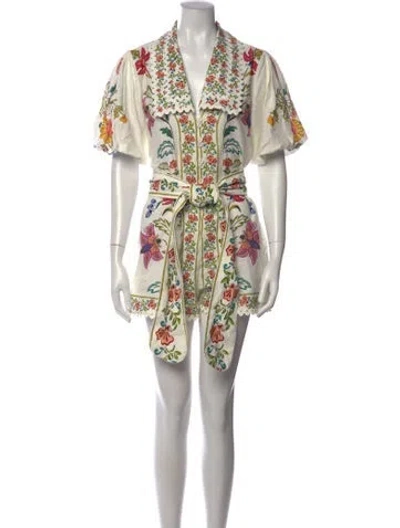 Pre-owned Farm Rio Linen Floral Print Romper In Multicolor