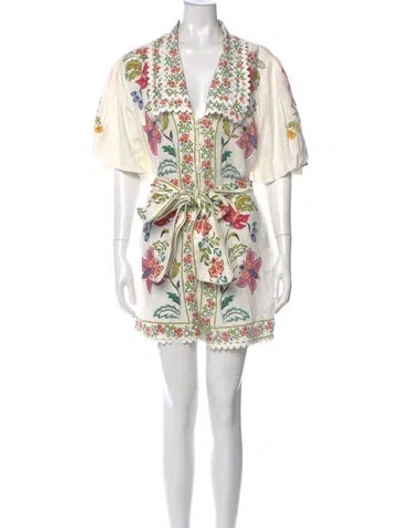 Pre-owned Farm Rio Linen Floral Print Romper In Neutral