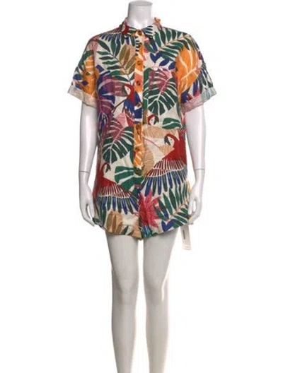 Pre-owned Farm Rio Linen Floral Print Romper In Neutrals