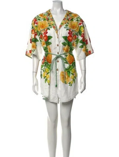Pre-owned Farm Rio Linen Floral Print Romper In Neutrals