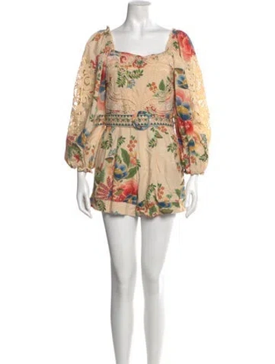 Pre-owned Farm Rio Linen Floral Print Romper In Orange