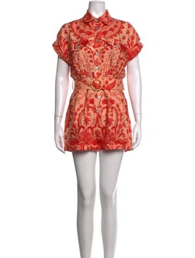 Pre-owned Farm Rio Linen Floral Print Romper In Orange
