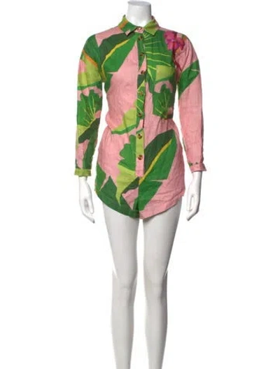 Pre-owned Farm Rio Linen Floral Print Romper In Pink
