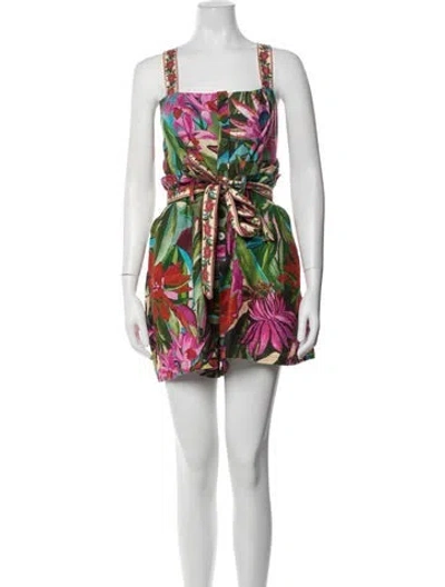 Pre-owned Farm Rio Linen Floral Print Romper In Pink