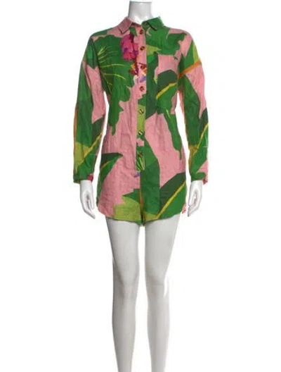 Pre-owned Farm Rio Linen Floral Print Romper In Pink