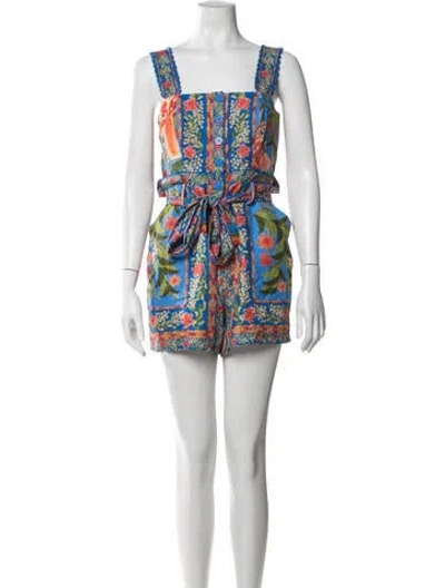 Pre-owned Farm Rio Linen Floral Print Romper In Pink