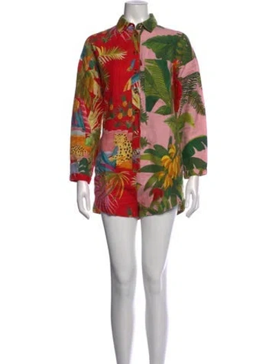 Pre-owned Farm Rio Linen Floral Print Romper In Pink/red