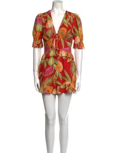 Pre-owned Farm Rio Linen Floral Print Romper In Red
