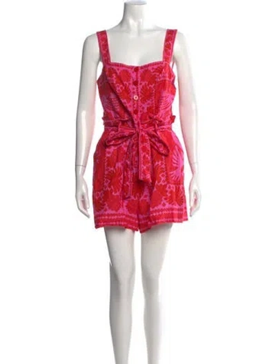 Pre-owned Farm Rio Linen Floral Print Romper In Red