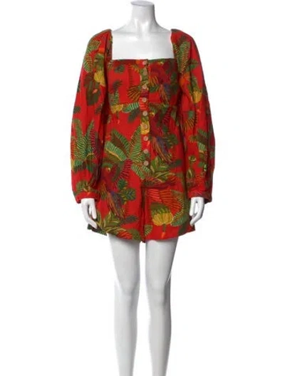Pre-owned Farm Rio Linen Floral Print Romper In Red