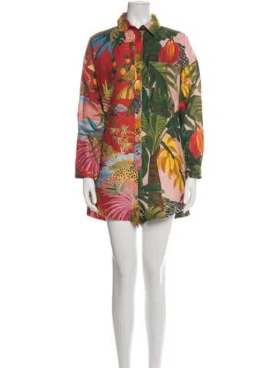 Pre-owned Farm Rio Linen Floral Print Romper In Red